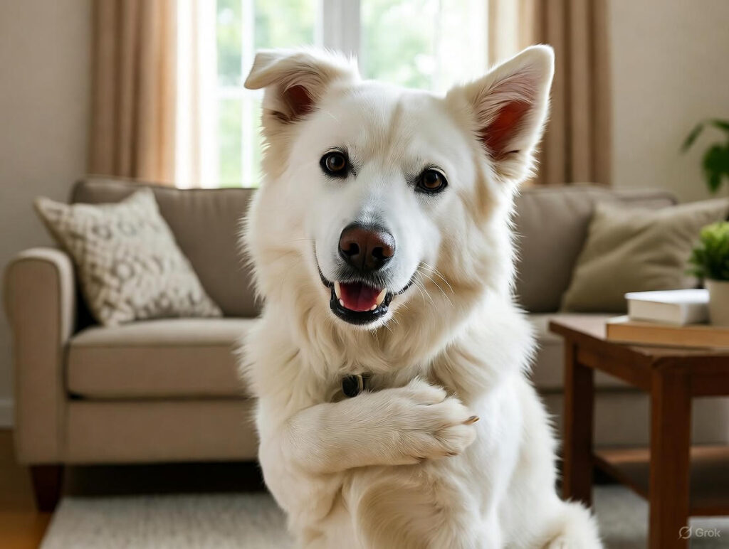 White dog with raised paw showing signs of itchy skin caused by allergies, dry skin, or environmental irritants