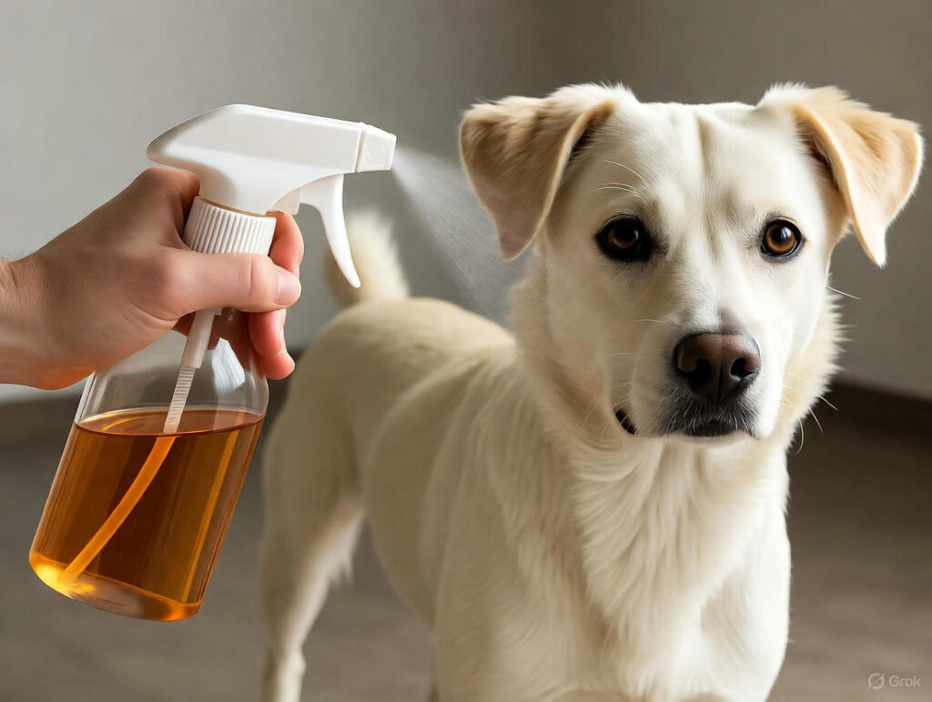 “White dog being sprayed with neem oil and plant-based natural remedy for skin and coat health”
