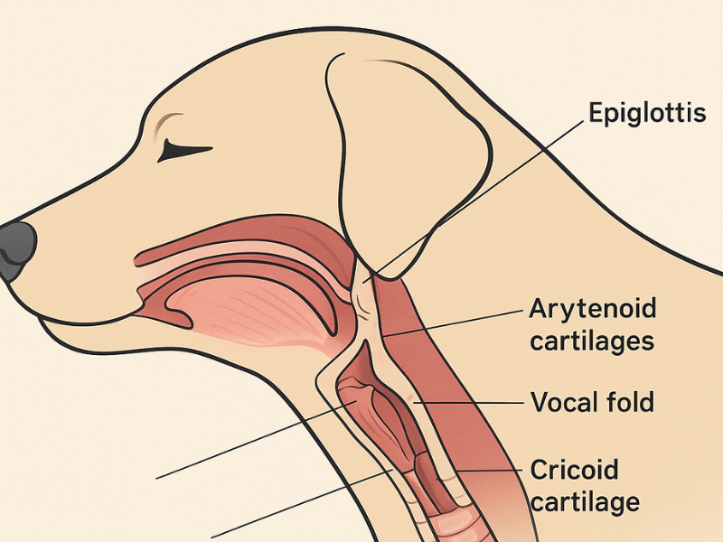 : Diagram of dog larynx showing epiglottis, vocal cords, and trachea