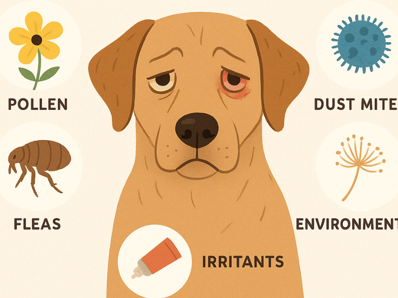 Illustrated infographic showing a dog with an irritated eye surrounded by common triggers of dog eye allergies, including pollen, dust mites, fleas, environmental factors, and chemical irritants.
