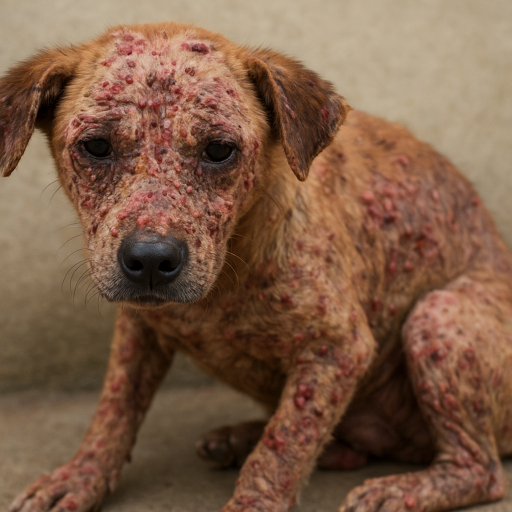 Dog with severe skin infection and red sores caused by flea allergy dermatitis.