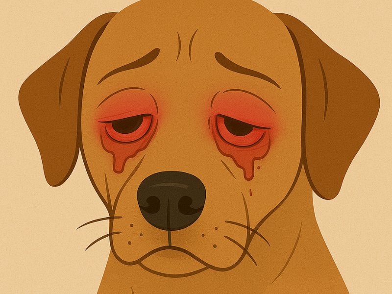 dog with extremely red, swollen eyes and tear-like discharge beneath them.