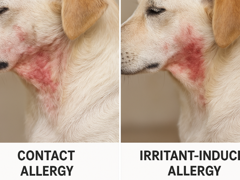 Side-by-side comparison of a dog with red, inflamed skin on the neck caused by a contact allergy on the left and an irritant-induced allergy on the right.