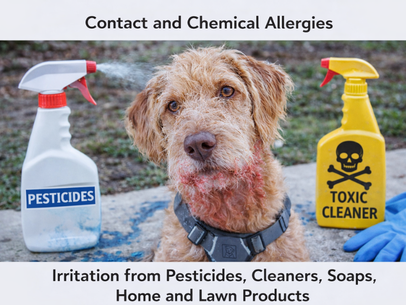 Dog showing signs of contact and chemical allergies with red, irritated skin after exposure to household cleaners and pesticides