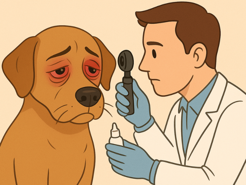 veterinarian examining a dog with red, swollen eyes using an ophthalmoscope while holding a bottle of eye medication.