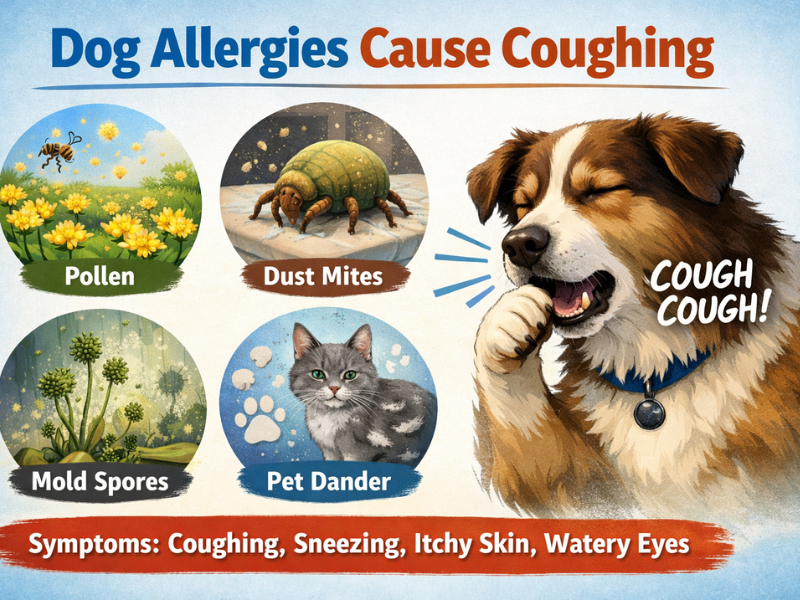 Dog coughing due to allergies with common triggers like pollen, dust mites, mold spores, and pet dander illustrated