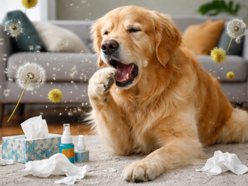 “Golden retriever coughing indoors due to seasonal allergies with pollen and tissues around.”