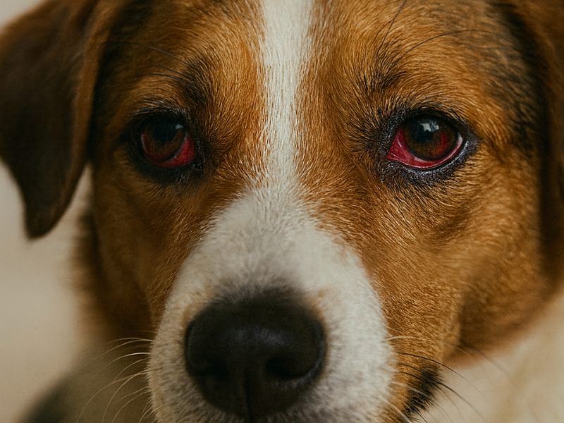 Close-up of a dog with swollen, reddish eyes showing signs of ocular irritation or allergy.