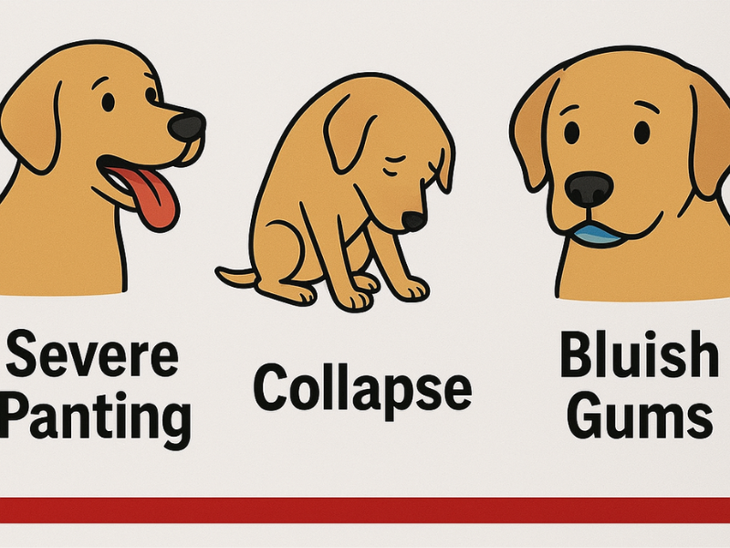 A rectangular informational sign showing cartoon illustrations of dogs with three emergency symptoms: severe panting, collapse, and bluish gums, labeled clearly beneath each image.