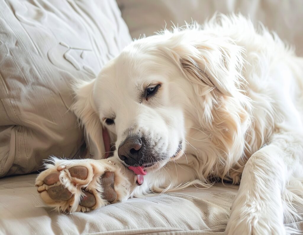 Dog licking its paw showing symptoms of dog skin allergy while resting indoors