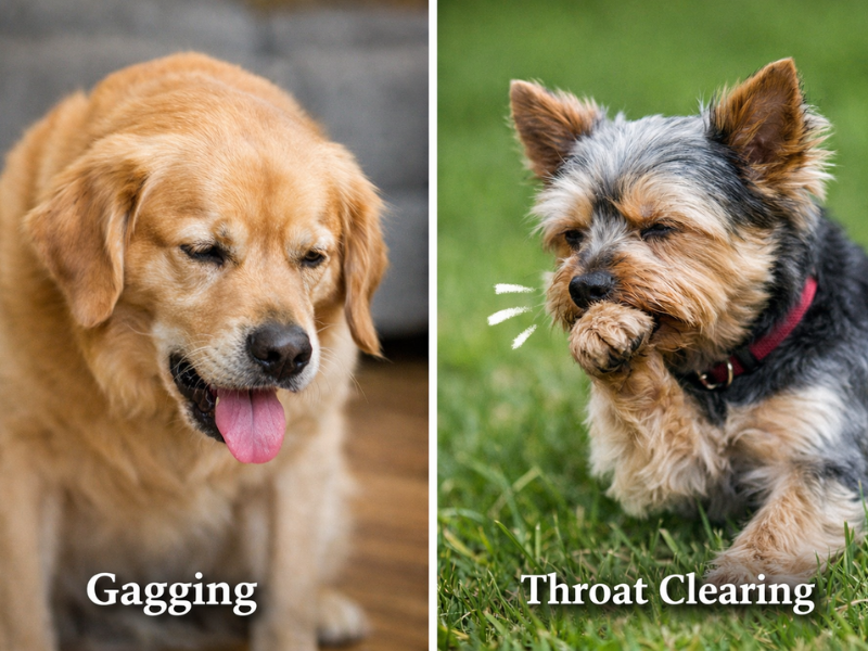 Dog gagging and throat clearing, showing a canine extending its neck while attempting to clear its throat due to irritation or respiratory discomfort