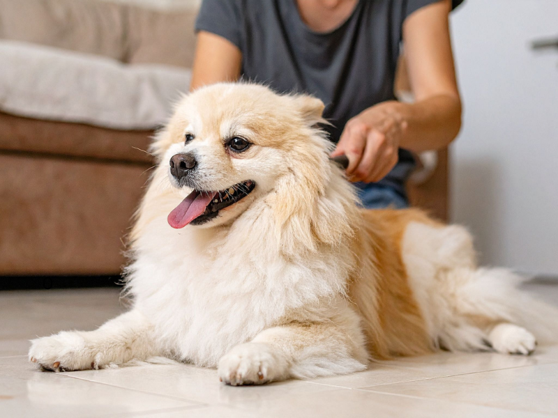 Fluffy cream dog enjoying grooming on tiled floor at home