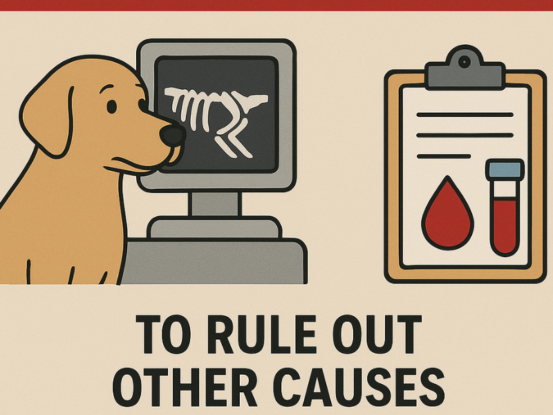 An infographic showing a dog beside an X-ray monitor displaying its skeleton, and a clipboard with a blood drop and test tube symbol, representing imaging and bloodwork for diagnosis.