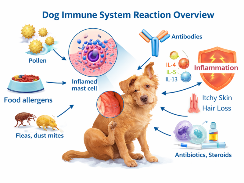 Infographic showing a dog immune system reaction with allergens triggering mast cell inflammation, antibodies, itchy skin, and hair loss symptoms