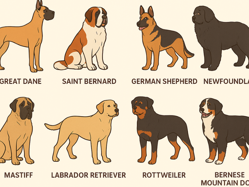 Infographic of large and giant dog breeds including Great Dane, Saint Bernard, German Shepherd, Newfoundland, Mastiff, Labrador Retriever, Rottweiler, and Bernese Mountain Dog, highlighting their predisposition to health issues.