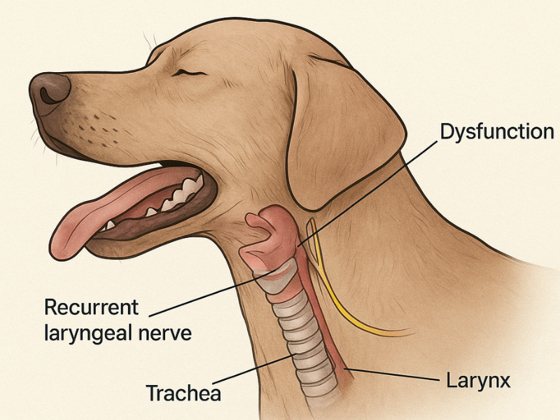 Medical illustration of a dog showing recurrent laryngeal nerve dysfunction, highlighting the nerve path, larynx, and trachea.