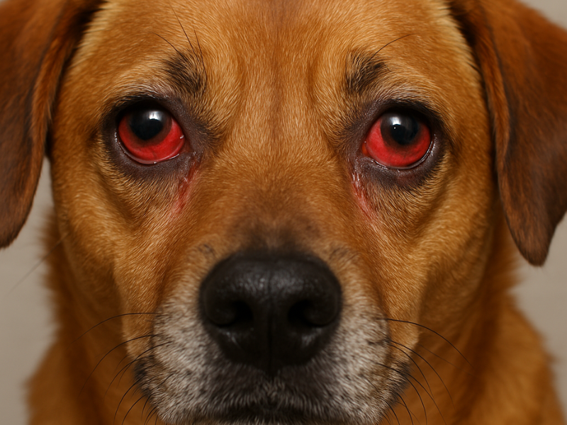 photo of a brown dog with severe redness and inflammation in both eyes.