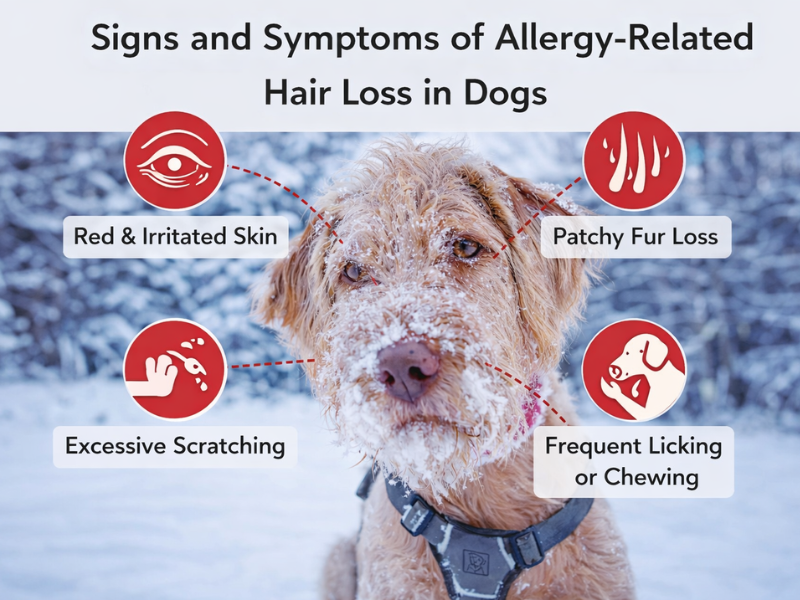 Dog showing signs of allergy-related hair loss with red and irritated skin, patchy fur, excessive scratching, and frequent licking, labeled for visual guidance