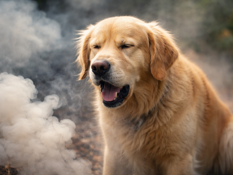 Dog experiencing smoke irritation with watery eyes and breathing discomfort caused by indoor air pollution and smoke exposure