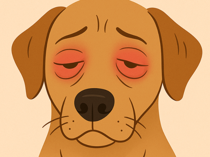 dog with swollen, puffy eyelids and a sad expression.