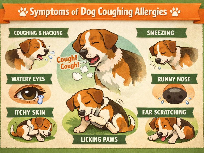 Symptoms of dog coughing allergies including persistent coughing, sneezing, watery eyes, runny nose, itchy skin, and frequent ear scratching in dogs