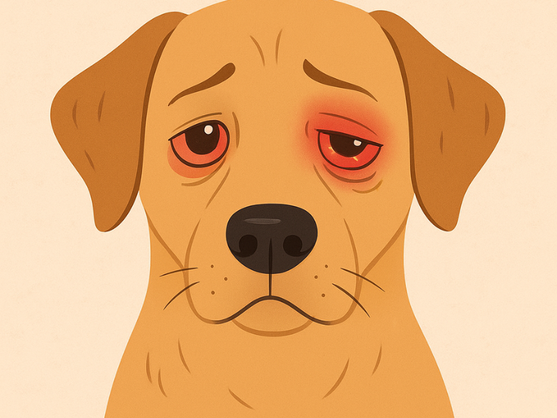 A sad-looking dog with one red, swollen eye indicating irritation or allergies.