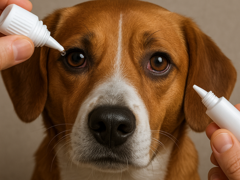 A brown and white dog receiving eye drops from a person holding two medication bottles near its face.