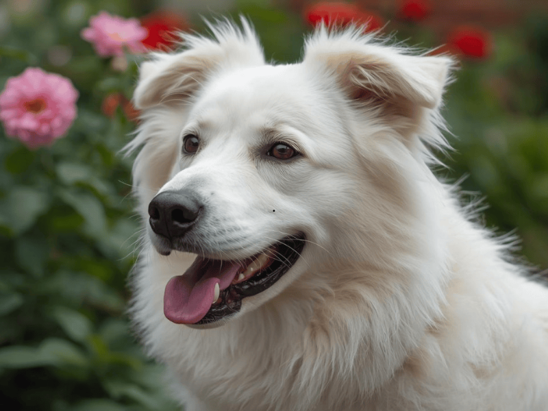 White fluffy dog enjoying a sunny day in a blooming garden with pink flowers