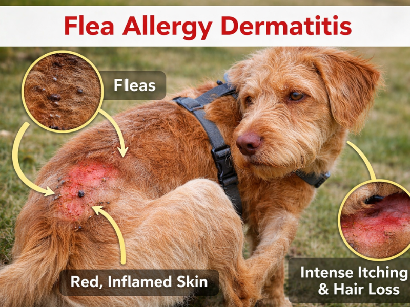 Dog with flea allergy dermatitis showing red inflamed skin, hair loss near the tail, and signs of intense itching caused by flea bites