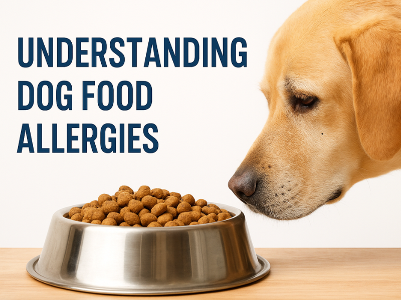 A golden retriever sniffing a bowl of dry dog food, symbolizing awareness about dog food allergies