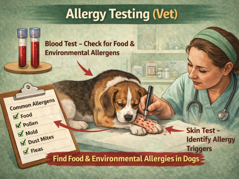 Veterinarian performing allergy testing on a dog using skin testing and blood tests to identify food and environmental allergies