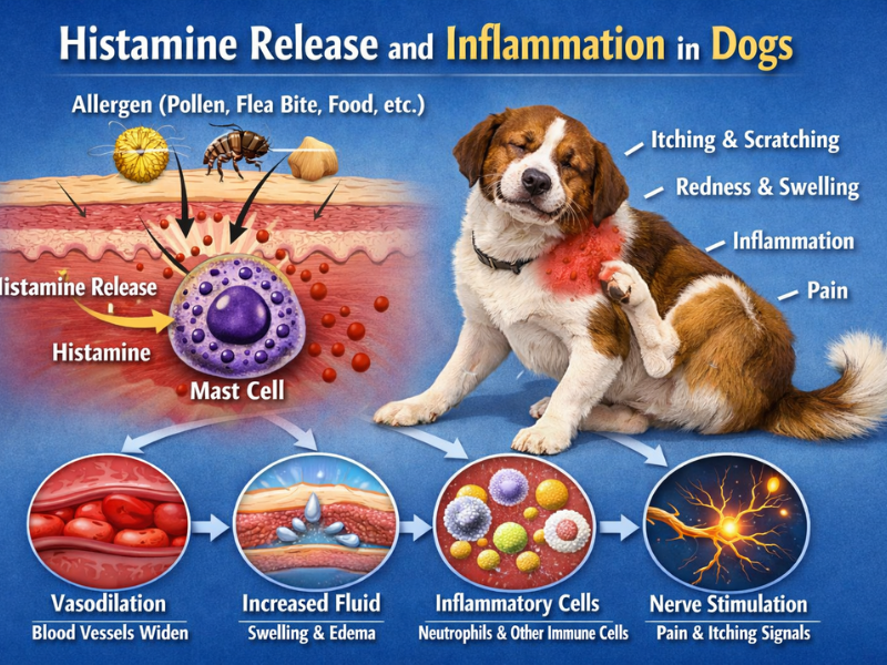 Histamine release and inflammation in dogs showing mast cell activation, allergen exposure, skin redness, itching, swelling, and immune response in canine allergies.