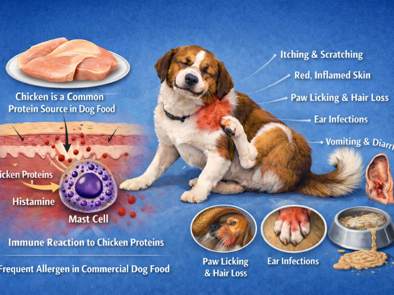 Chicken allergy in dogs showing immune reaction to chicken protein, causing itching, red inflamed skin, ear infections, paw licking, hair loss, and digestive upset.