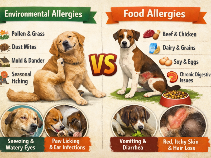 Environmental vs food allergies in dogs showing symptoms like itchy skin, paw licking, ear infections, vomiting, diarrhea, and seasonal allergy triggers such as pollen, dust mites, and common food allergens