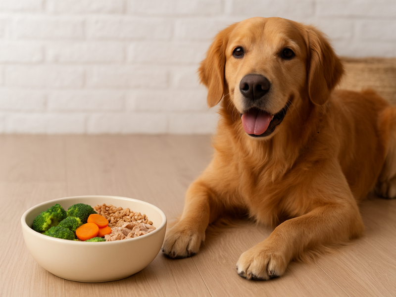 Golden Retriever sitting beside a bowl of freshly cooked homemade dog food with vegetables and rice.