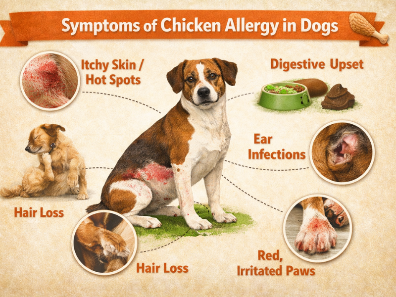 allergy in dogs including itchy skin, hot spots, ear infections, red irritated paws, hair loss, vomiting, and digestive upset caused by chicken-based dog food