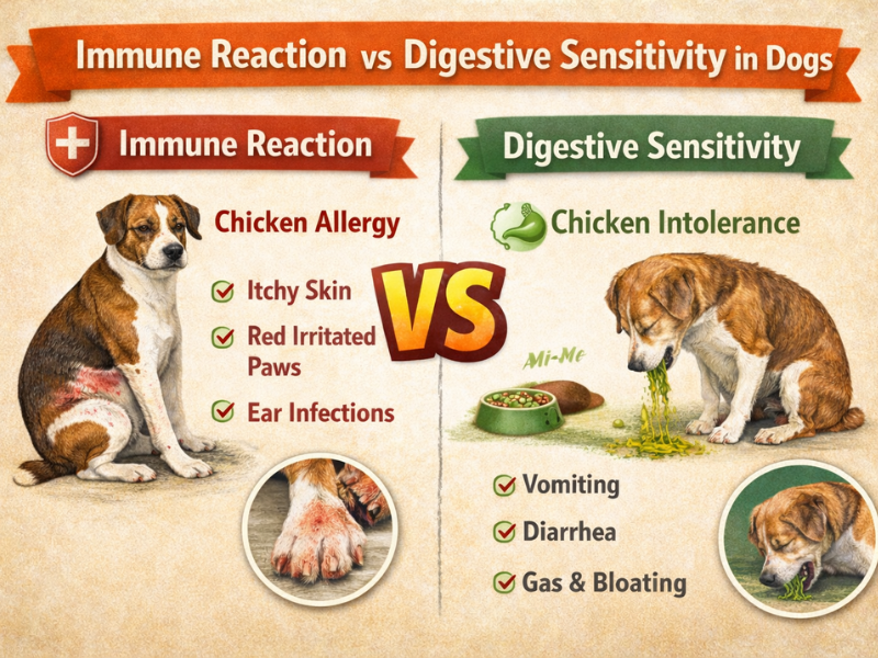 Comparison image showing skin-related immune responses versus digestive upset in dogs, including itching, red paws, vomiting, diarrhea, and gas