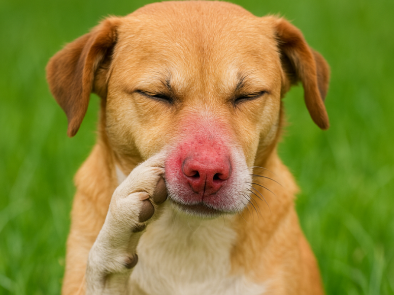 Dog with a red, irritated nose scratching its face while sitting on green grass.