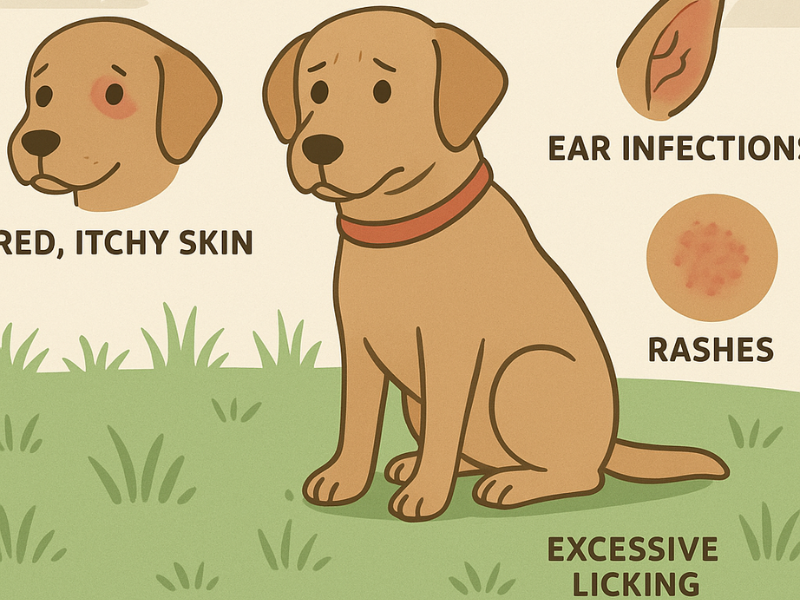 dog with symptoms of allergies, including red itchy skin, ear infections, rashes, and excessive licking.
