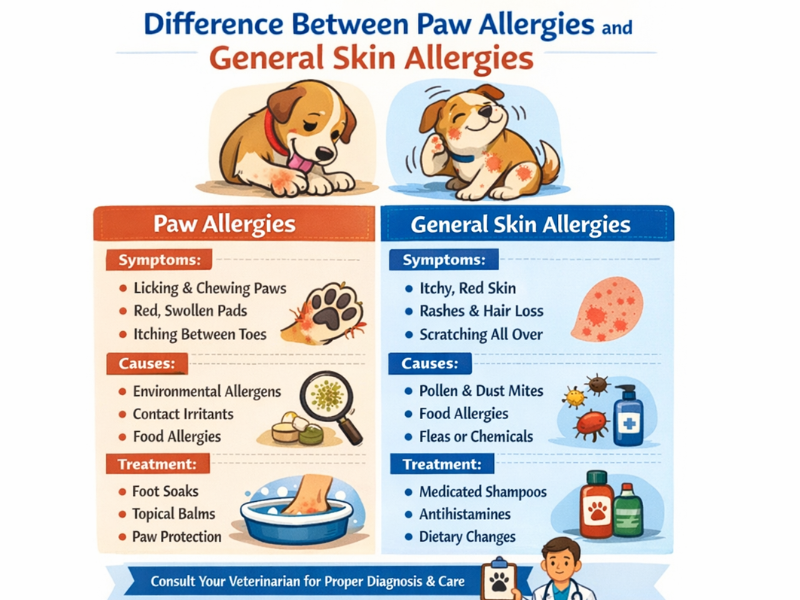 Infographic comparing dog paw allergies vs general skin allergies showing symptoms, causes, and treatment options for itchy paws and skin problems