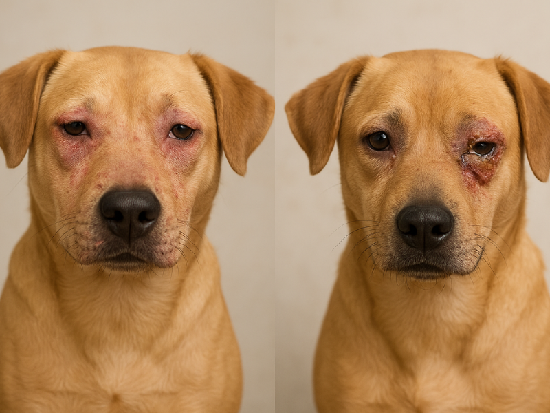 Side-by-side images of a dog showing two different eye conditions: mild redness and swelling on the left, and a more severe, crusted eye infection on the right.
