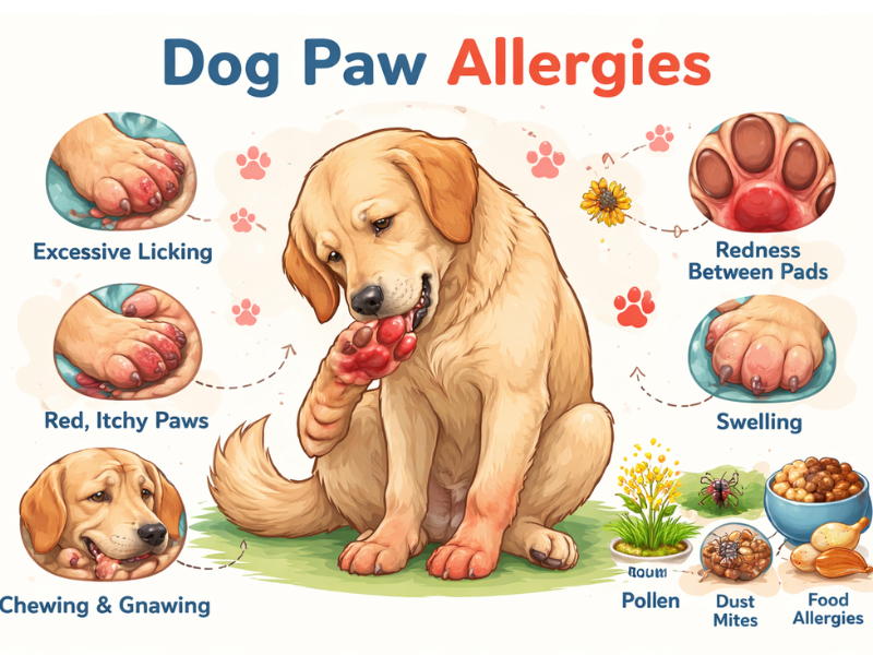 Dog paw allergies showing red, itchy, swollen paws with excessive licking caused by pollen, dust mites, and food allergies