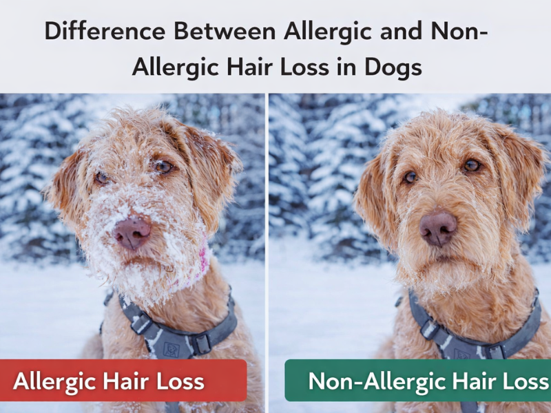 Side-by-side comparison showing allergic hair loss in dogs with facial thinning and irritation versus non-allergic hair loss with even coat thinning and healthy skin
