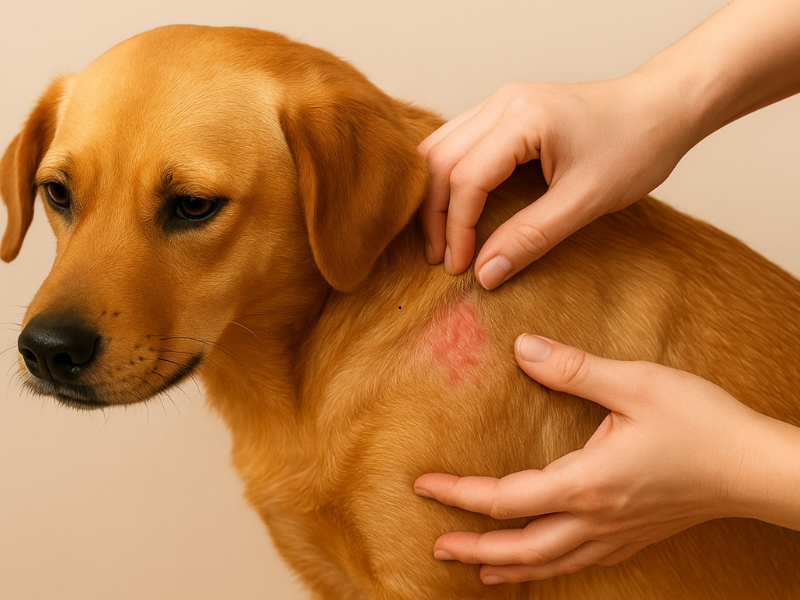 Dog with flea allergy dermatitis on shoulder being examined by a person