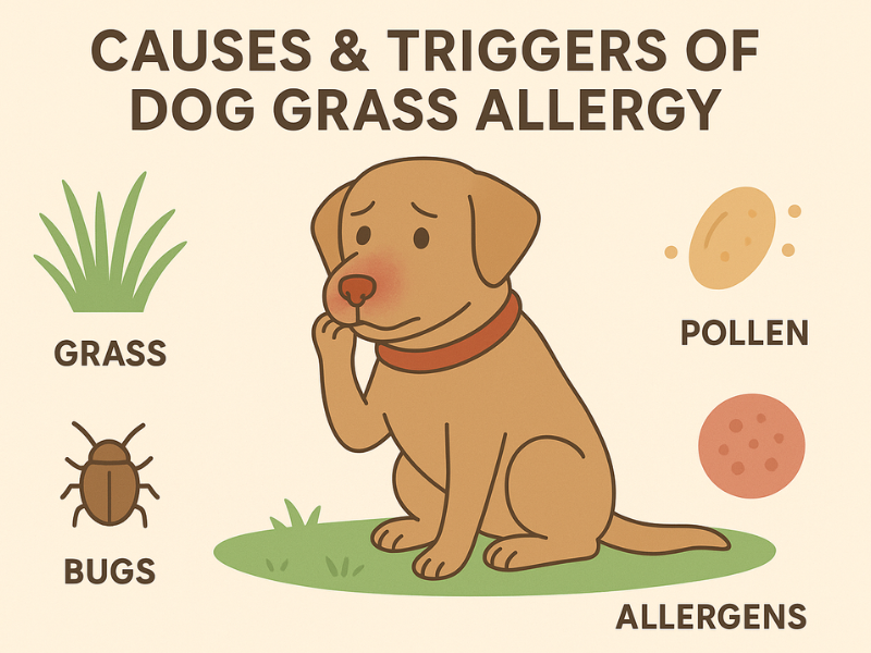 Illustrated infographic showing a dog with a red, irritated nose surrounded by icons representing grass, bugs, pollen, and allergens as causes and triggers of dog grass allergies.
