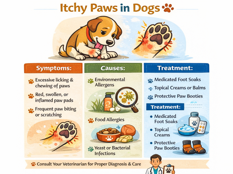 Infographic showing itchy paws in dogs with common symptoms, causes like allergies or infections, and effective treatment options