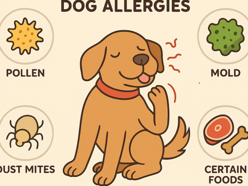 Illustration showing common dog allergy causes including pollen, dust mites, mold, and certain foods.