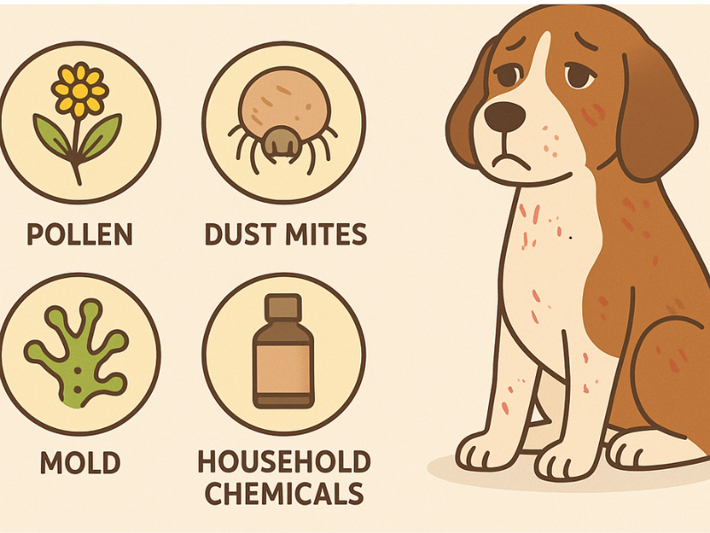 Common causes of dog allergies including pollen, dust mites, mold, and household chemicals.
