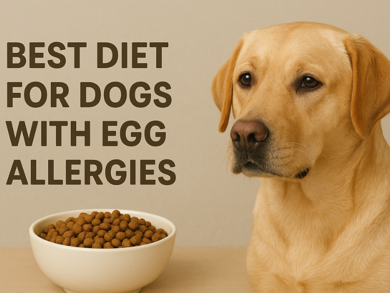 Labrador retriever beside a bowl of egg-free dog food.