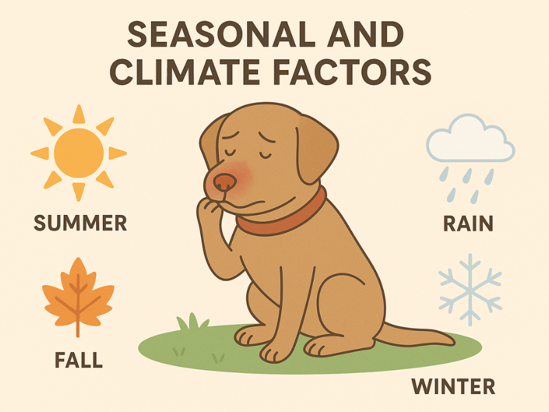 Infographic showing a dog with an irritated nose surrounded by icons representing seasonal and climate factors—summer sun, fall leaf, rain cloud, and winter snowflake.